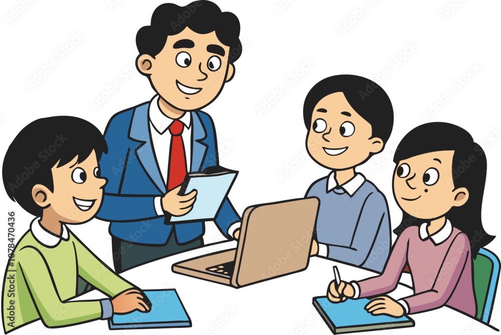 A high school teacher with students working in groups, discussing a project together. on white.eps A high school teacher with students working in groups, discussing a project together. on white.eps