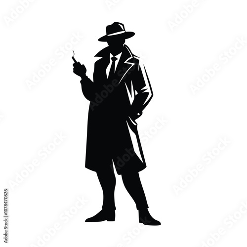 A man in a black coat and hat smoking a cigarette. He is standing in front of a white background
