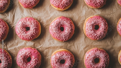 Aerial view of traditional berliner donuts arranged neatly on brown paper, creating a delightful and inviting display of berliner donuts with ample copy space.