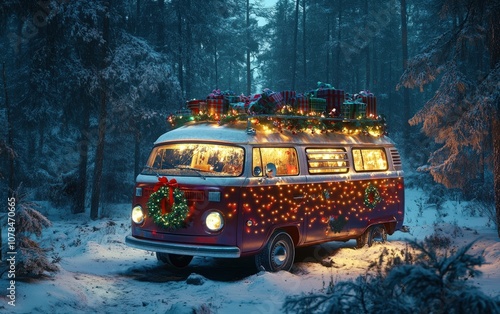 Christmas Camper Van: A retro camper van covered in Christmas lights, a holiday wreath on the front, and decorated with gifts on the roof; set in a snowy winter forest for a cozy, adventurous feel  photo