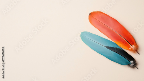 Two colorful feathers, one in vibrant red and the other in teal with black tips, placed on a light beige background.