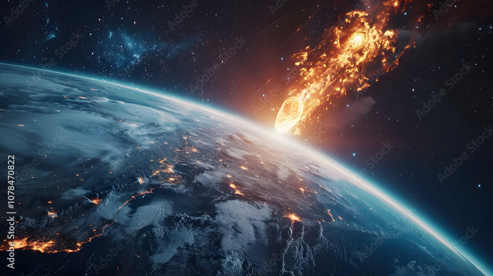 Obraz premium Asteroid entering planet Earth atmosphere before impact, meteor warning from space, comet danger on globe, threat of global disaster
