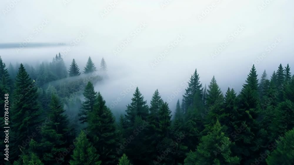 Aerial view of a misty forest with green pine trees. Aerial view of a misty forest with green pine trees.