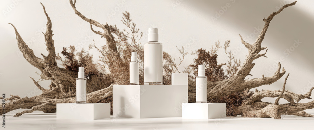 Elegant skincare bottles arranged on white pedestals with driftwood and dried foliage, creating a natural and minimalistic beauty product display.
Elegant skincare bottles arranged on white pedestals with driftwood and dried foliage, creating a natural and minimalistic beauty product display.