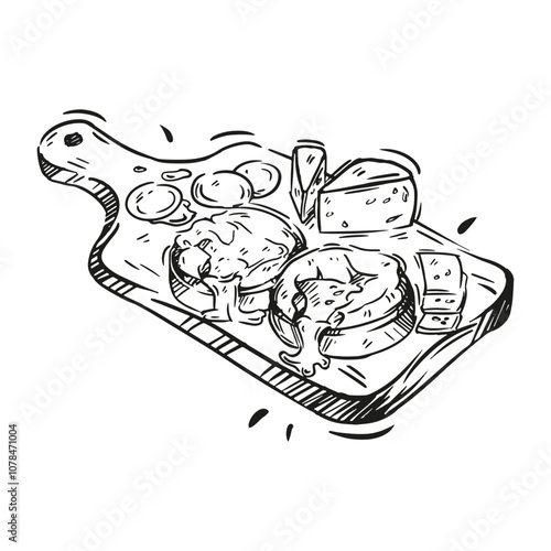 A detailed illustration of a cheese and egg platter on a wooden board, showcasing a delicious array of breakfast delights