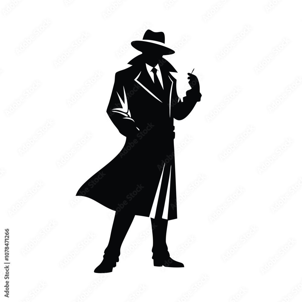 A man in a black coat and hat smoking a cigarette. He is standing in front of a white background