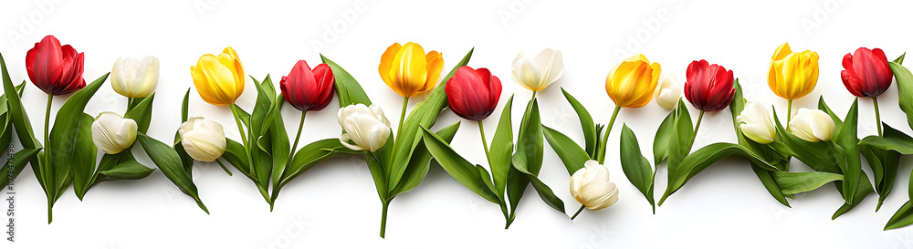 Red, yellow and white tulip flowers and leaves border isolated on a flat background. Red, yellow and white tulip flowers and leaves border isolated on a flat background.