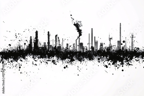 A black ink industrial cityscape with smokestacks and splattered textures on a white background
 photo