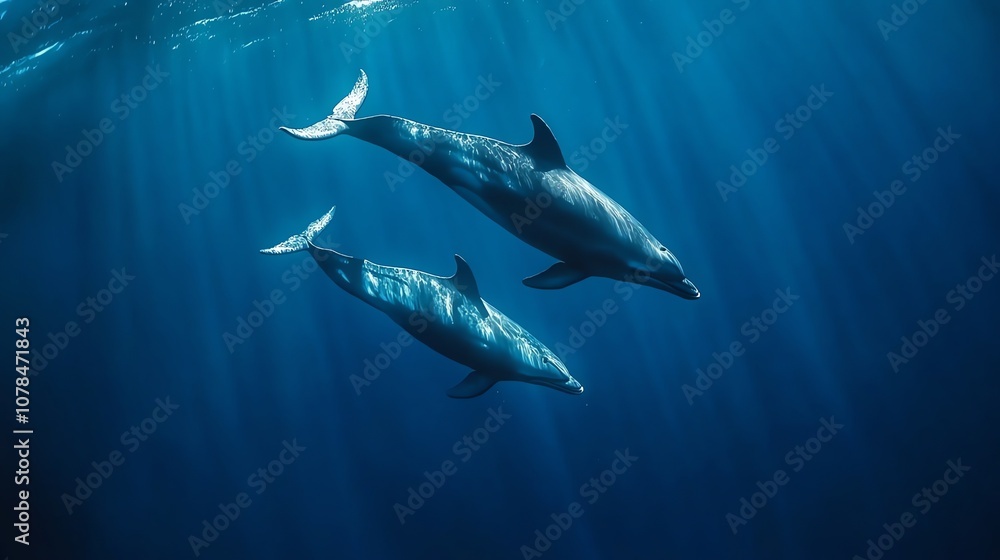 Fototapeta premium Two dolphins swim in a clear blue ocean, with sunbeams streaming through the water.