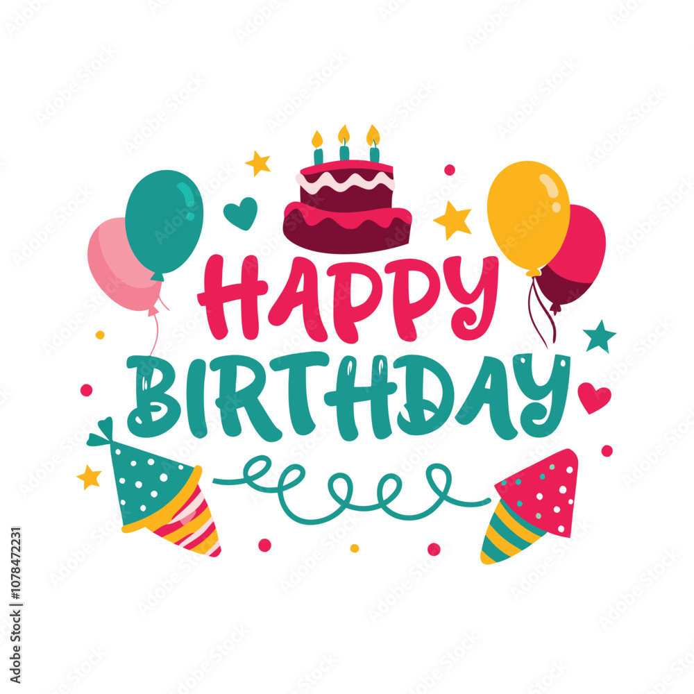 A birthday cake with a candle and a bunch of balloons. The balloons are in different colors and sizes A birthday cake with a candle and a bunch of balloons. The balloons are in different colors and sizes