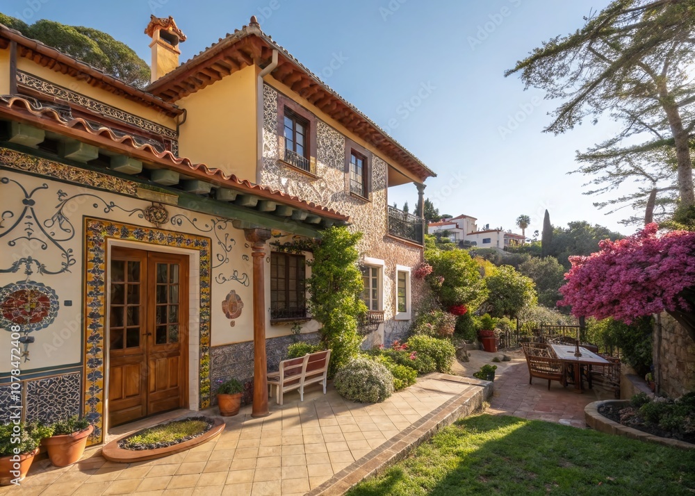 Charming Spanish Home with Vibrant Colors and Lush Gardens, Perfect for Inviting Atmosphere and Relaxation, Featuring Traditional Architecture and a Cozy Outdoor Space Charming Spanish Home with Vibrant Colors and Lush Gardens, Perfect for Inviting Atmosphere and Relaxation, Featuring Traditional Architecture and a Cozy Outdoor Space