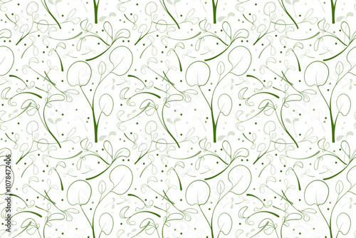 Sketch  microgreen  seeds vector illustration. Seamless pattern with young leaves seedlings. Cress raw microgreens sprouts, healthy eating concept