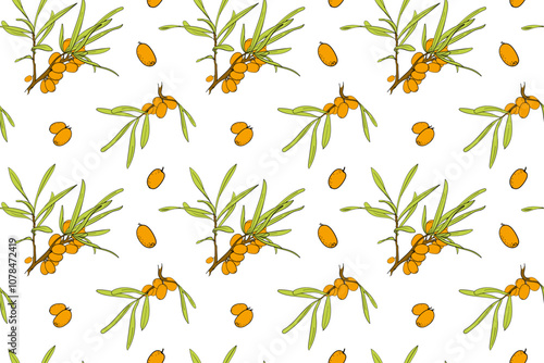 Sea buckthorn seamless pattern. Vector illustration background. Twigs with berries and leaves elements. Template with orange fresh berries for wallpaper, fabric, packaging.