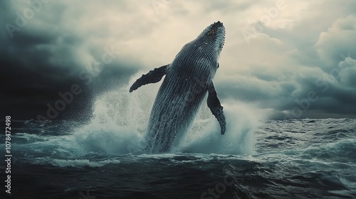 A humpback whale breaches the surface of the ocean,  splashing water into the air. photo