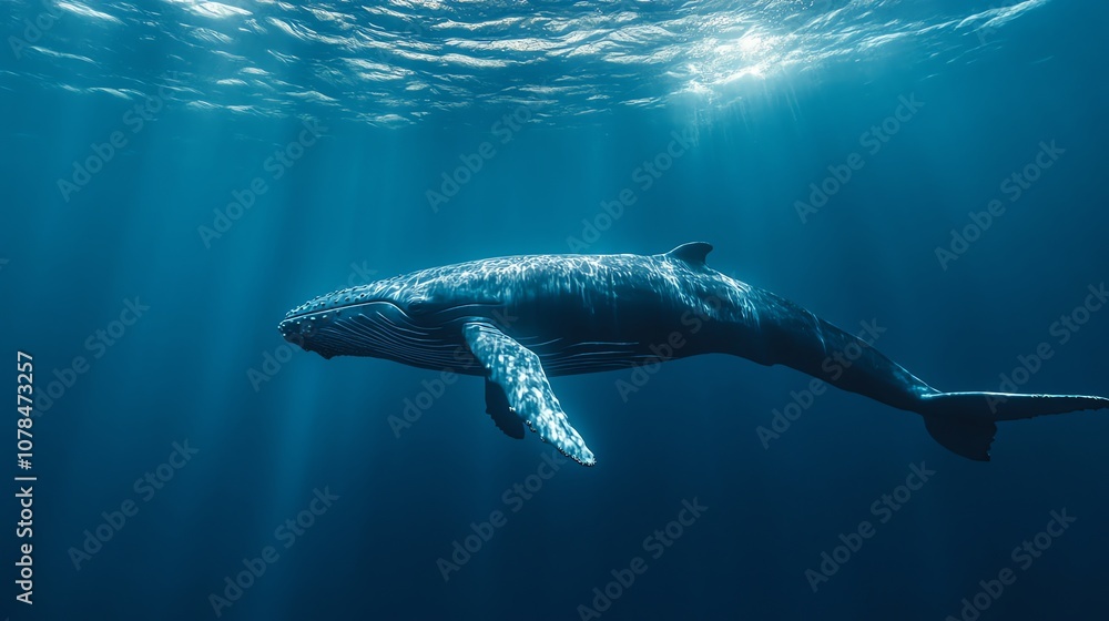 Fototapeta premium A humpback whale swims through a deep blue ocean.