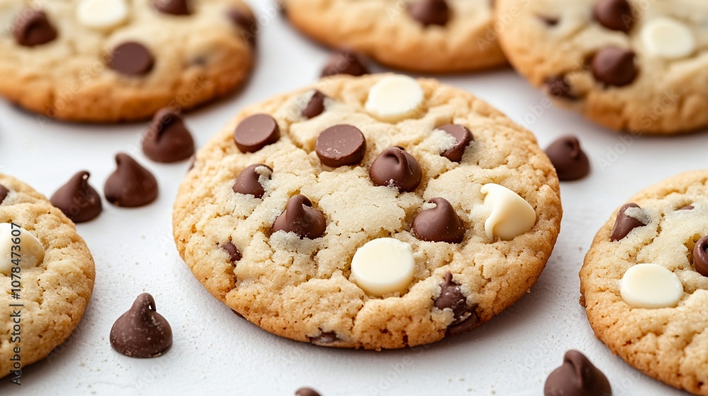 Close-up of a freshly baked double chocolate chip cookie with white chocolate chips, surrounded by more cookies and loose chips. Close-up of a freshly baked double chocolate chip cookie with white chocolate chips, surrounded by more cookies and loose chips.