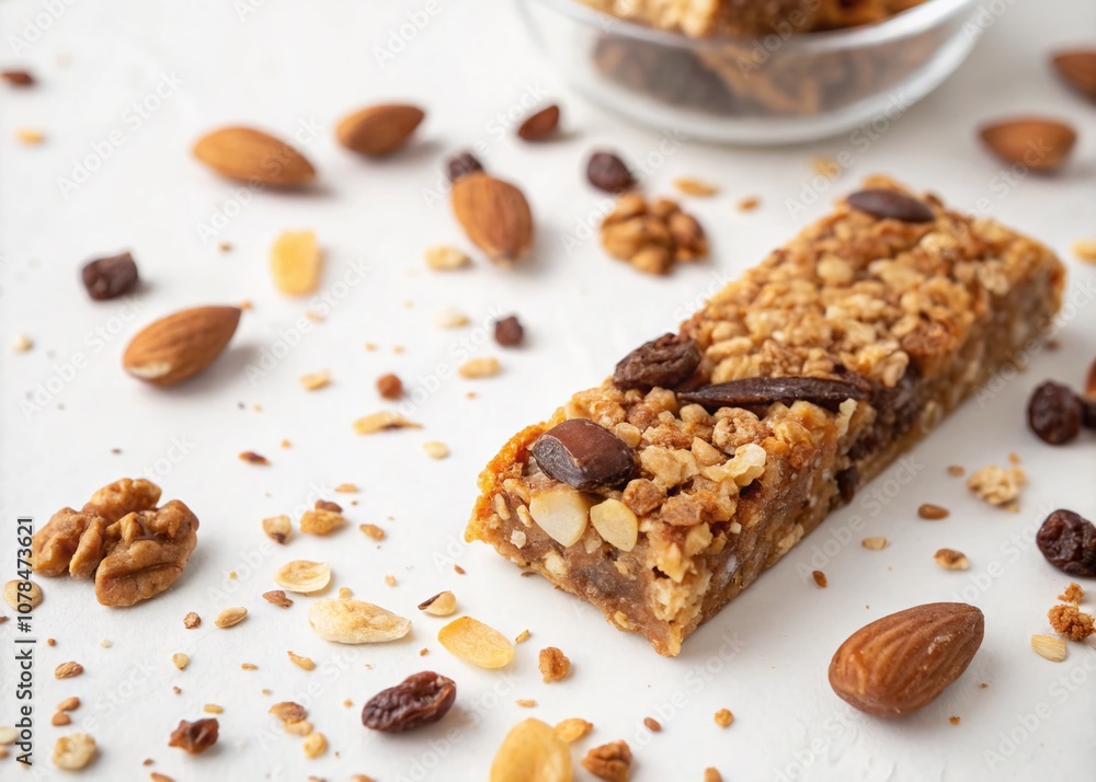 Close-Up Double Exposure of Delicious Granola Bar Featuring Caramel, Nuts, and Flakes Isolated on White Background for Healthy Snack Promotion Close-Up Double Exposure of Delicious Granola Bar Featuring Caramel, Nuts, and Flakes Isolated on White Background for Healthy Snack Promotion