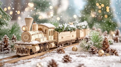 Festive holiday train surrounded by snowy landscapes and Christmas decorations, creating a magical scene photo