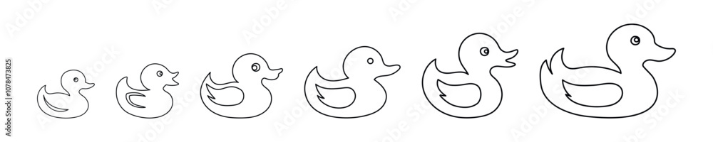 Set of Black outline illustration of six rubber ducks and ducklings in a row isolated on a white background. Concept of children's toys, bath time fun, simple design elements, cute animal icons Set of Black outline illustration of six rubber ducks and ducklings in a row isolated on a white background. Concept of children's toys, bath time fun, simple design elements, cute animal icons