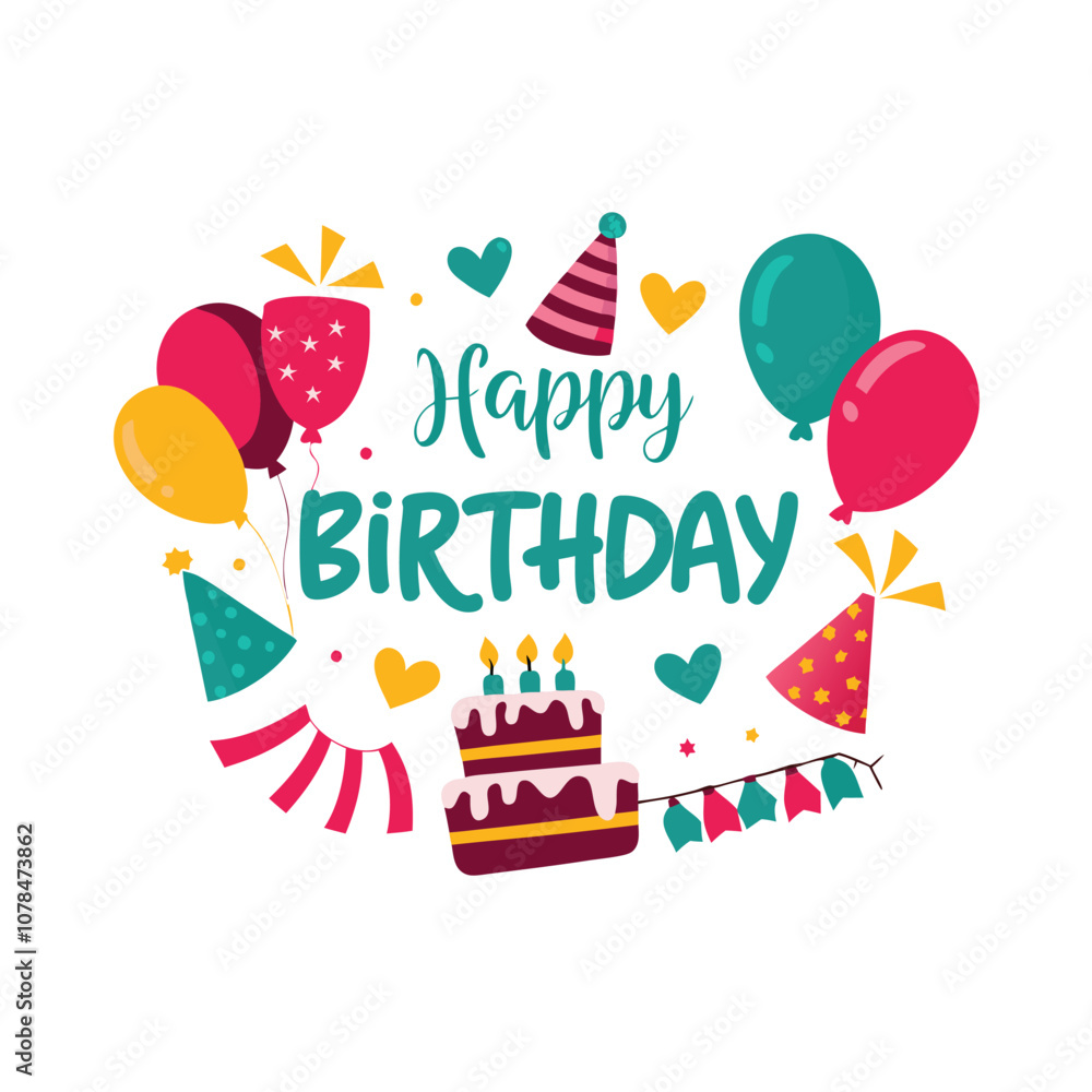 A birthday cake with a candle and a bunch of balloons. The balloons are in different colors and sizes A birthday cake with a candle and a bunch of balloons. The balloons are in different colors and sizes