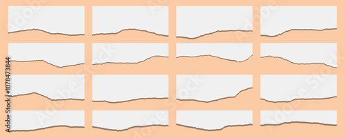 set of torn paper, light beige torn paper strip shapes. Ripped paper strip collection. Torn notebook page or scrap note with damaged border. Sticky newspaper clip art. Vector illustration