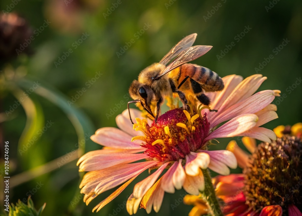 Close-Up of a Bee Collecting Nectar from a Vibrant Flower Petal in a Natural Garden Setting, Showcasing the Beauty of Pollination and Nature's Intricate Relationships Close-Up of a Bee Collecting Nectar from a Vibrant Flower Petal in a Natural Garden Setting, Showcasing the Beauty of Pollination and Nature's Intricate Relationships