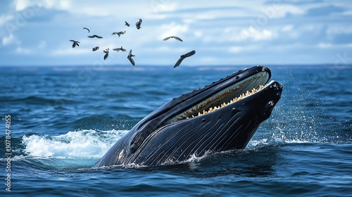 A humpback whale breaches the surface of the ocean,  splashing water into the air. photo