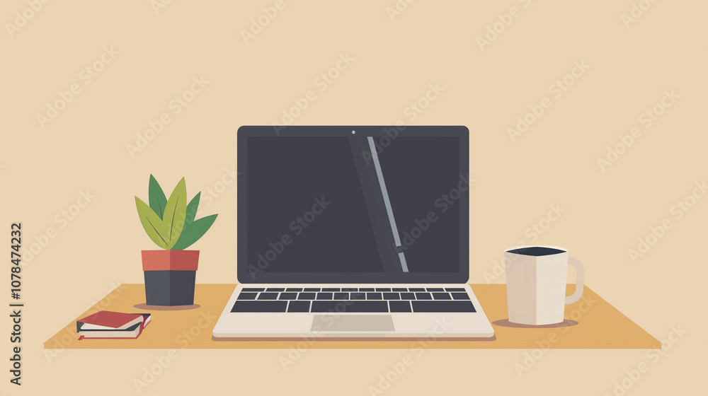 A cozy workspace setup featuring a laptop, a plant, coffee, and a notebook on a wooden desk A cozy workspace setup featuring a laptop, a plant, coffee, and a notebook on a wooden desk