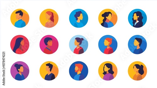 Profile icons of people in round avatars on colorful backgrounds
