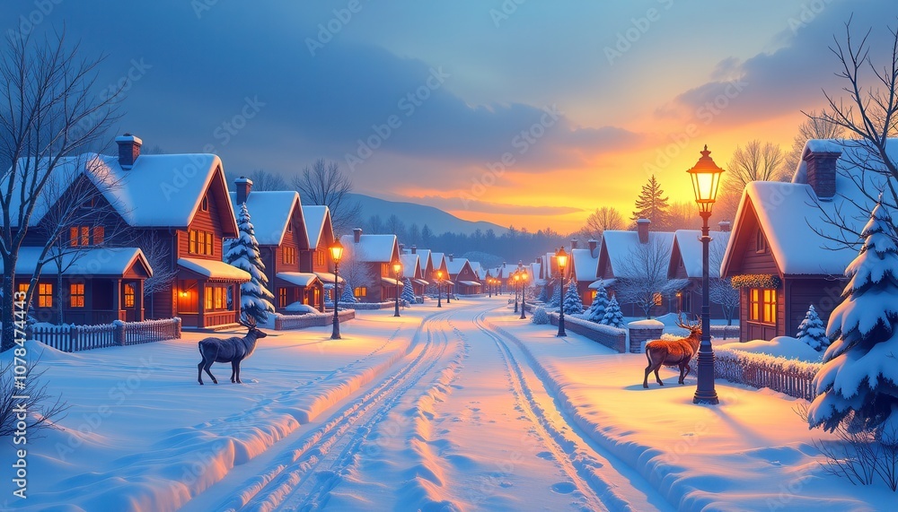 Naklejka premium Illustrator of snowy winter village at dusk with reindeer tracks and copy space