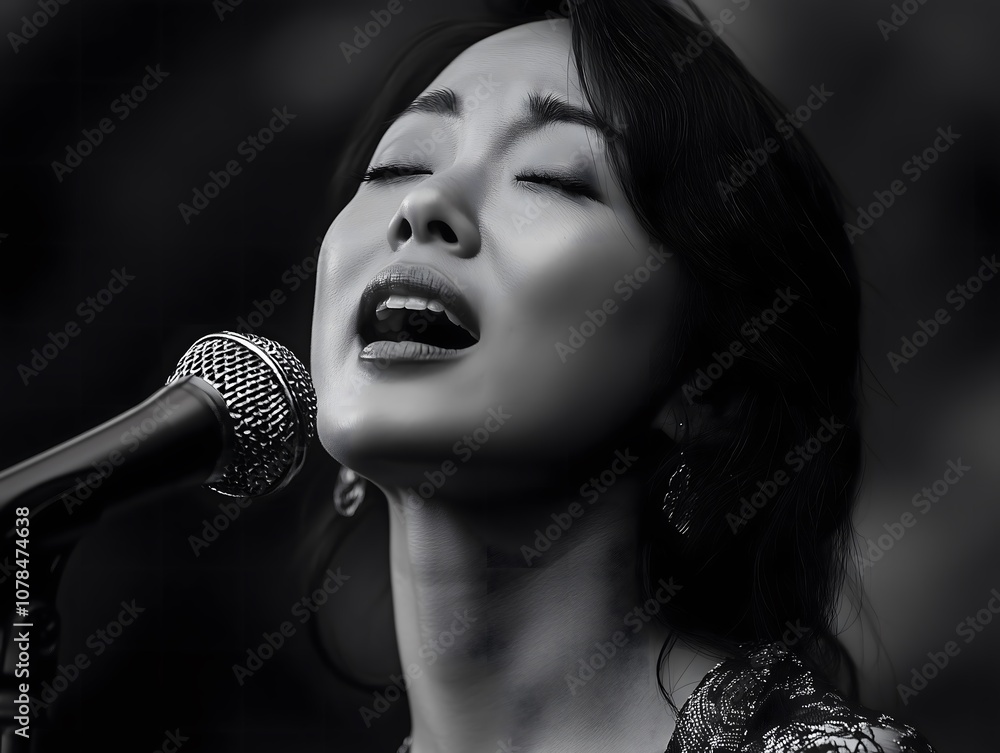 Young Elegant Singing Female Asian Lady Singer Black and White Young Elegant Singing Female Asian Lady Singer Black and White