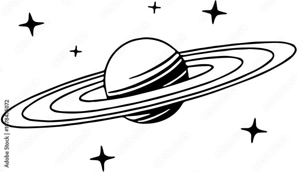 Obraz premium Illustration of Saturn Planet with Rings and Stars - Black and White Vector Icon