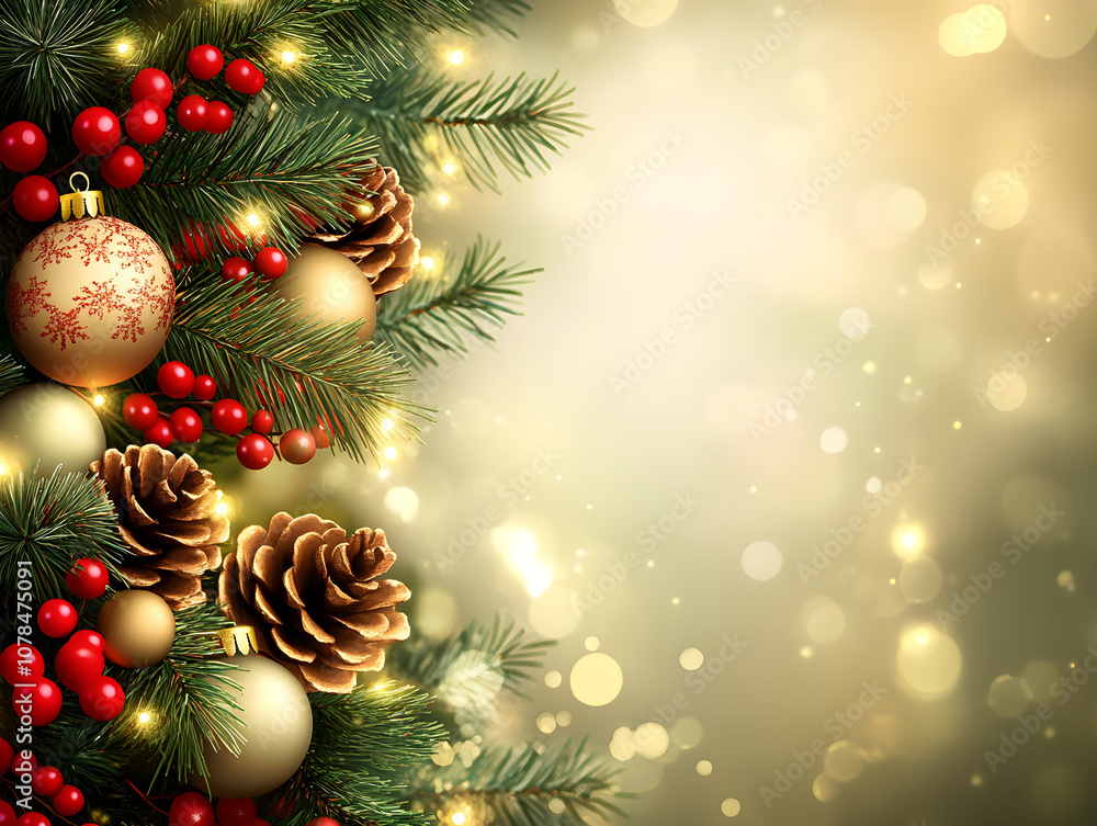 Festive Christmas tree with pine cones, red berries, and sparkling lights, perfect for holiday cards and seasonal decor, warm glowing winter background for holiday celebration and cheerful Christmas a Festive Christmas tree with pine cones, red berries, and sparkling lights, perfect for holiday cards and seasonal decor, warm glowing winter background for holiday celebration and cheerful Christmas a
