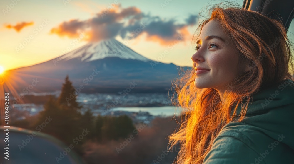 road trip concept picture of a happy relaxing traveler enjoy Fuji mountain, Japan on her holiday trip road trip concept picture of a happy relaxing traveler enjoy Fuji mountain, Japan on her holiday trip
