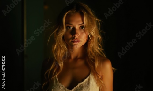 Wallpaper Mural Woman with long blonde hair and white nightgown is standing in front of dark wall. She has a serious expression on her face Torontodigital.ca