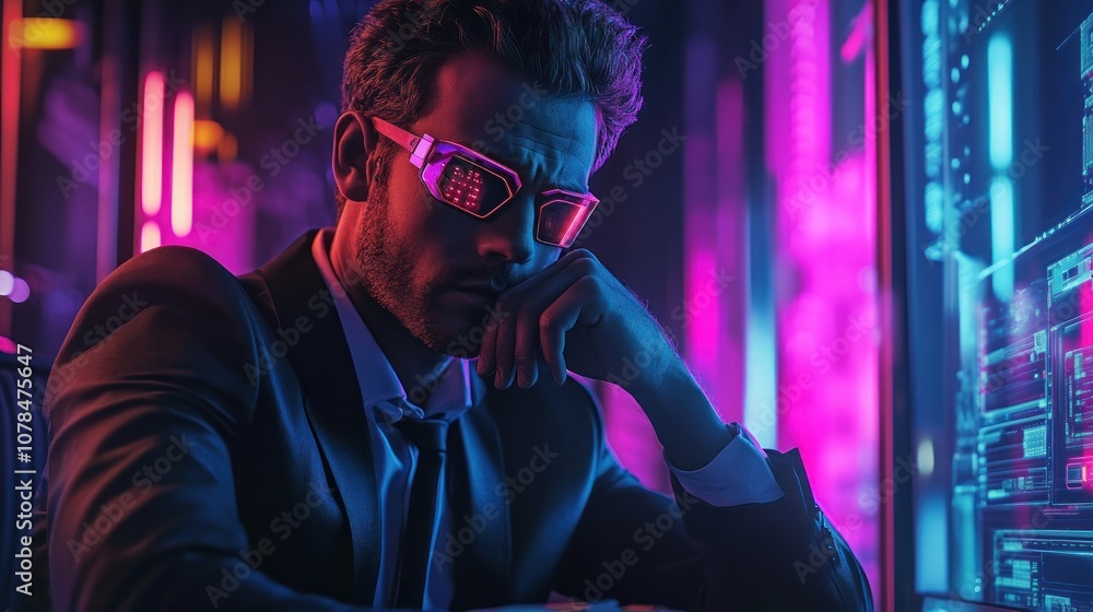 Fototapeta premium Cyberpunk Man in Neon Light