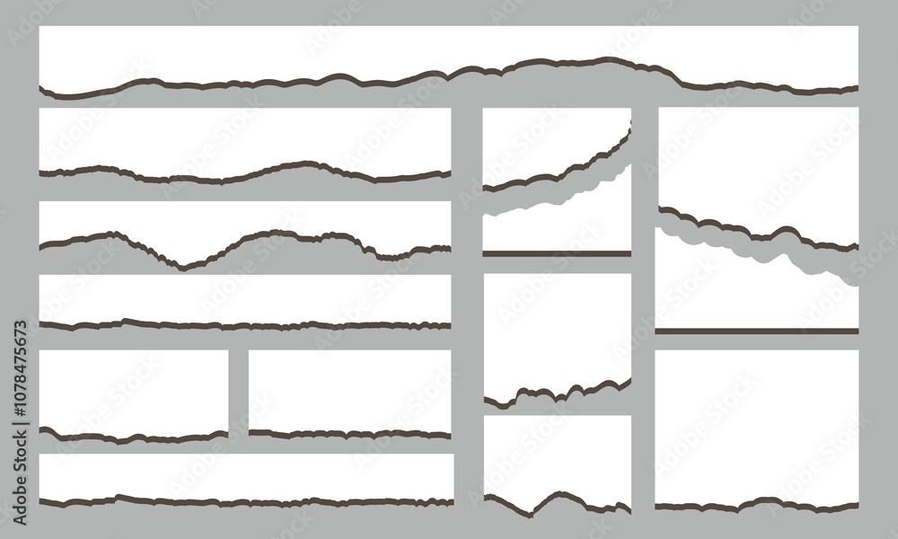 White torn paper sheets rip pieces of edge effect, collection of ripped paper strip element set. Clipart ripped paper banner.