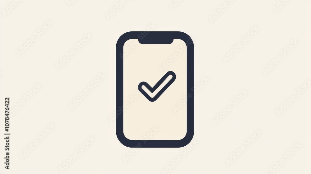 Minimalistic smartphone icon with checkmark on beige Minimalistic smartphone icon with checkmark on beige