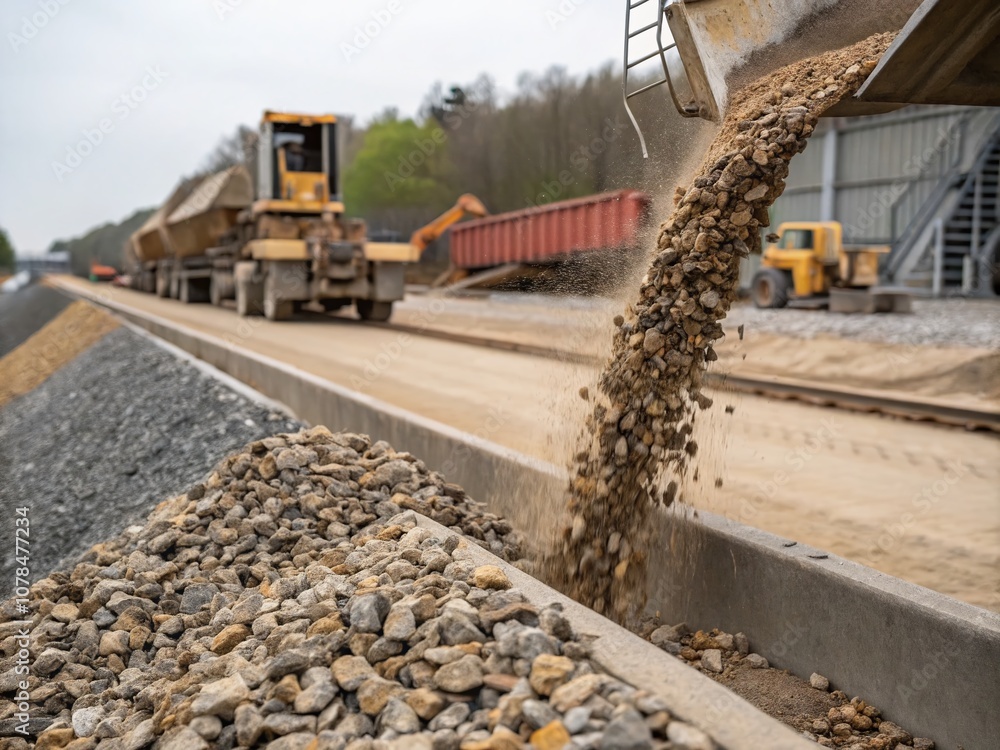 Obraz premium Close-Up of Gravel Pouring from a Conveyor Belt in a Construction Site, Capturing the Details of the Material Flowing in a Busy Industrial Environment