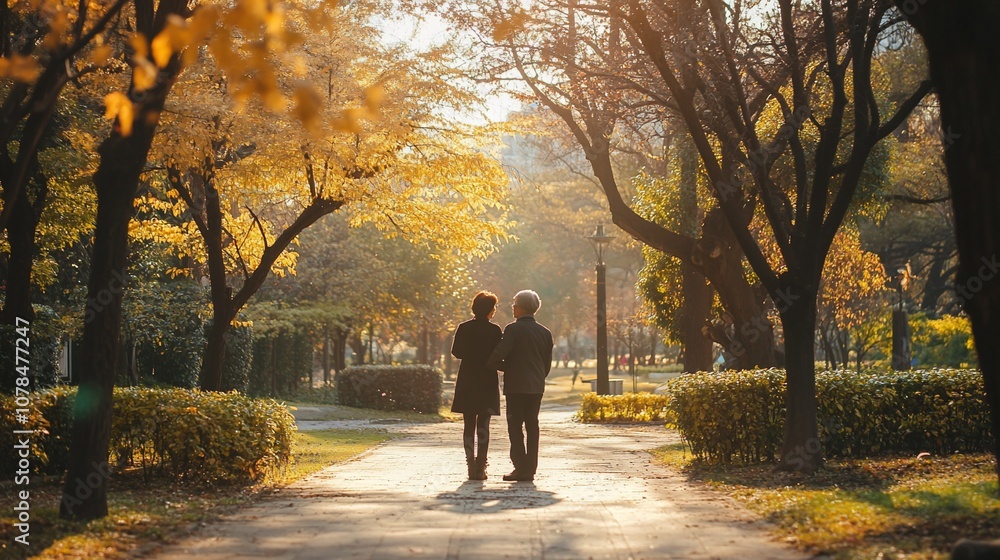 Senior couple walking hand-in-hand through a park on a sunny autumn day. Senior couple walking hand-in-hand through a park on a sunny autumn day.