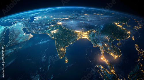 Satellite view of Earth globe from space, city lights by night, Asia map, China India.