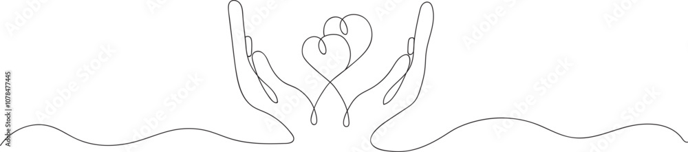 Obraz premium Continuous one line drawing two hand holding heart shapes. Charity donation linear symbol. Line drawing of heart Romantic symbol for greeting card and web banner line art.