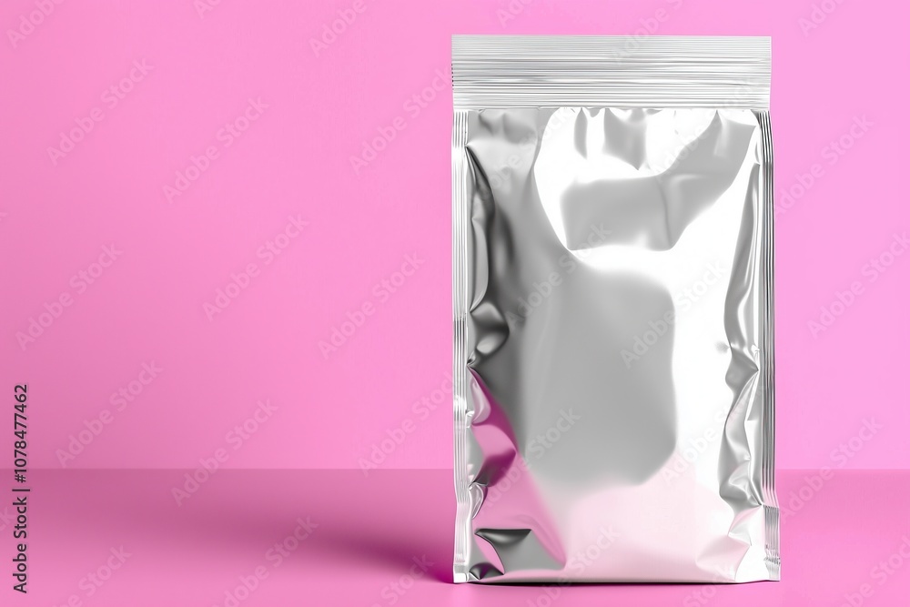 Shiny silver packaging on pink background for products branding Shiny silver packaging on pink background for products branding