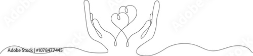 Continuous one line drawing two hand holding heart shapes. Charity donation linear symbol. Line drawing of heart Romantic symbol for greeting card and web banner line art.