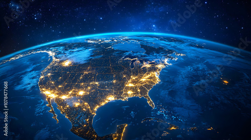 Satellite view of Earth globe from space, city lights by night, North America USA abstract map