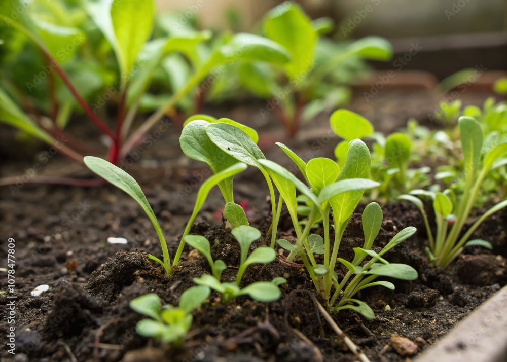 Close-Up of Small Green Sprouts and Herbs Growing in Soil, Showcasing Home Gardening with Fresh Arugula and Salad Plants in a Macro Photography Style Close-Up of Small Green Sprouts and Herbs Growing in Soil, Showcasing Home Gardening with Fresh Arugula and Salad Plants in a Macro Photography Style