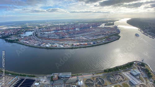 Aerial View of Harbor and Industrial Shipping Area at Sunset