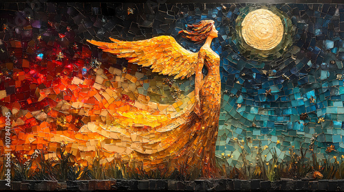 An angel in the night sky in a brightly colored mosaic