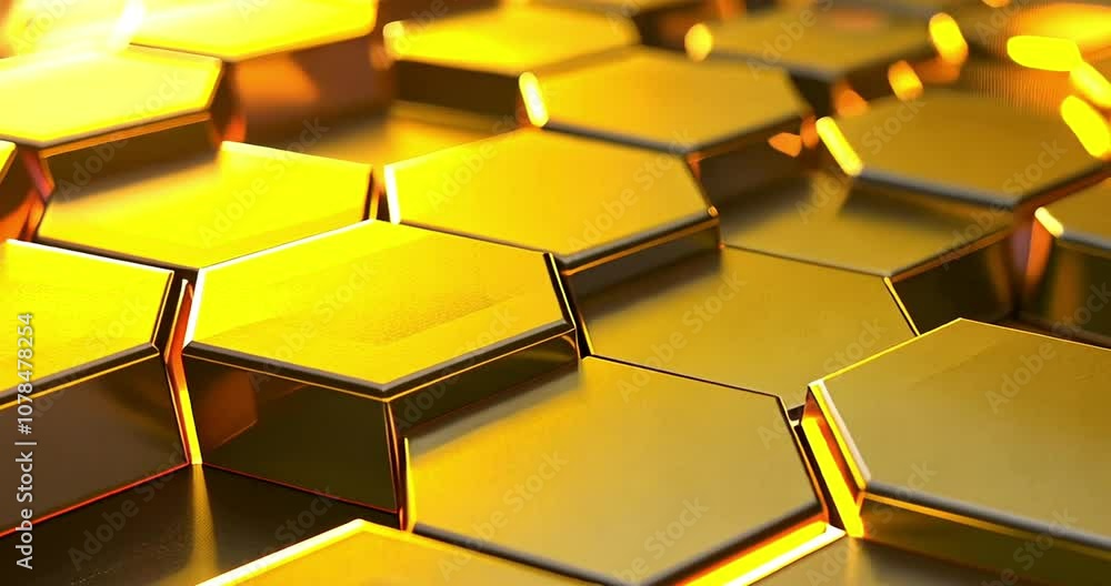 A close-up of hexagonal gold shapes reflecting light, creating a vibrant, textured surface. A close-up of hexagonal gold shapes reflecting light, creating a vibrant, textured surface.