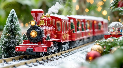 Festive holiday train surrounded by snowy landscapes and Christmas decorations, creating a magical scene photo